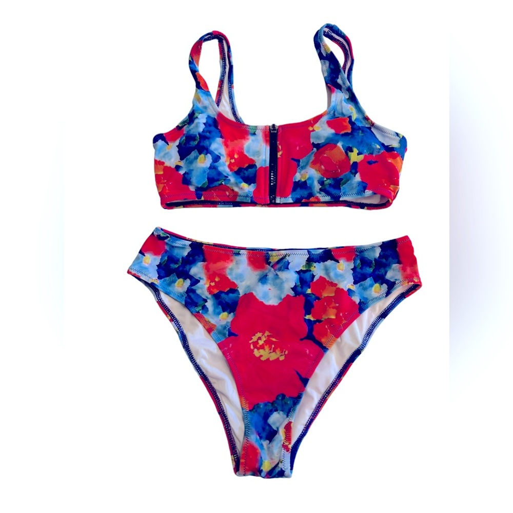 Gorgeous colorful zip front high cut high waist bikini swimsuit set size medium